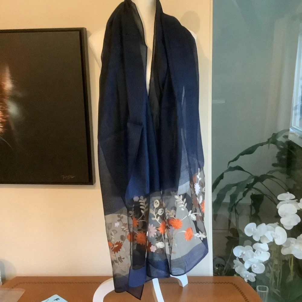 New Thai Silk Floral Embroidered Sheer Scarf